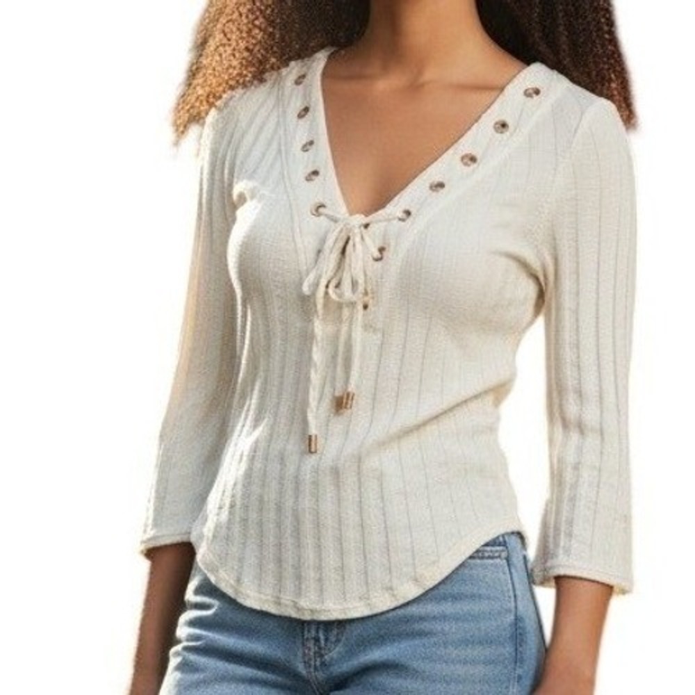 FREE PEOPLE Ivory Ribbed Lace Up Grommet V-Neck 3/4 Sleeve Top Size XS